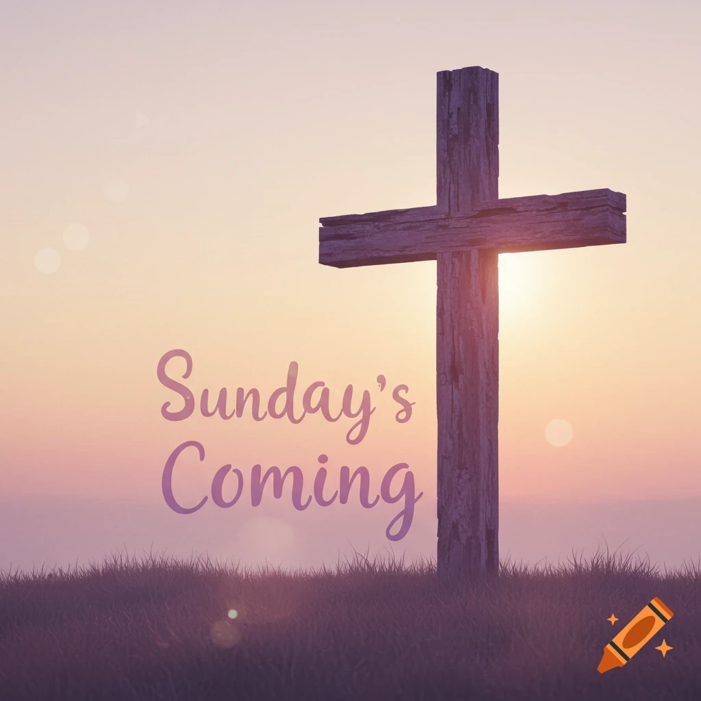 A wooden cross stands in a field at sunset, with the text "Sunday's Coming" overlaid.