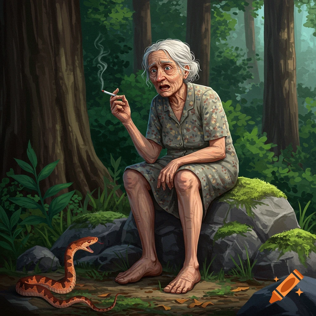 An old woman smoking a cigarette sits on a rock in a forest, looking scared at a snake.