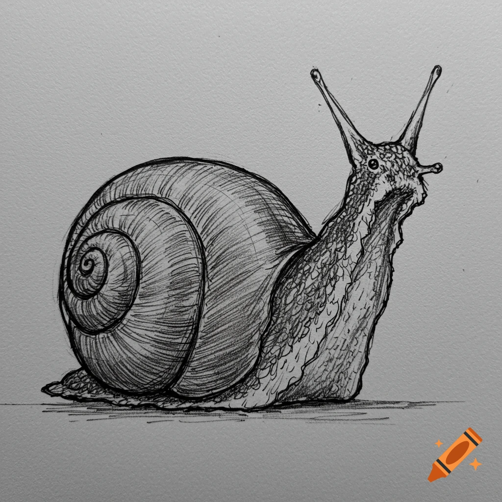 A black and white sketch of a snail.