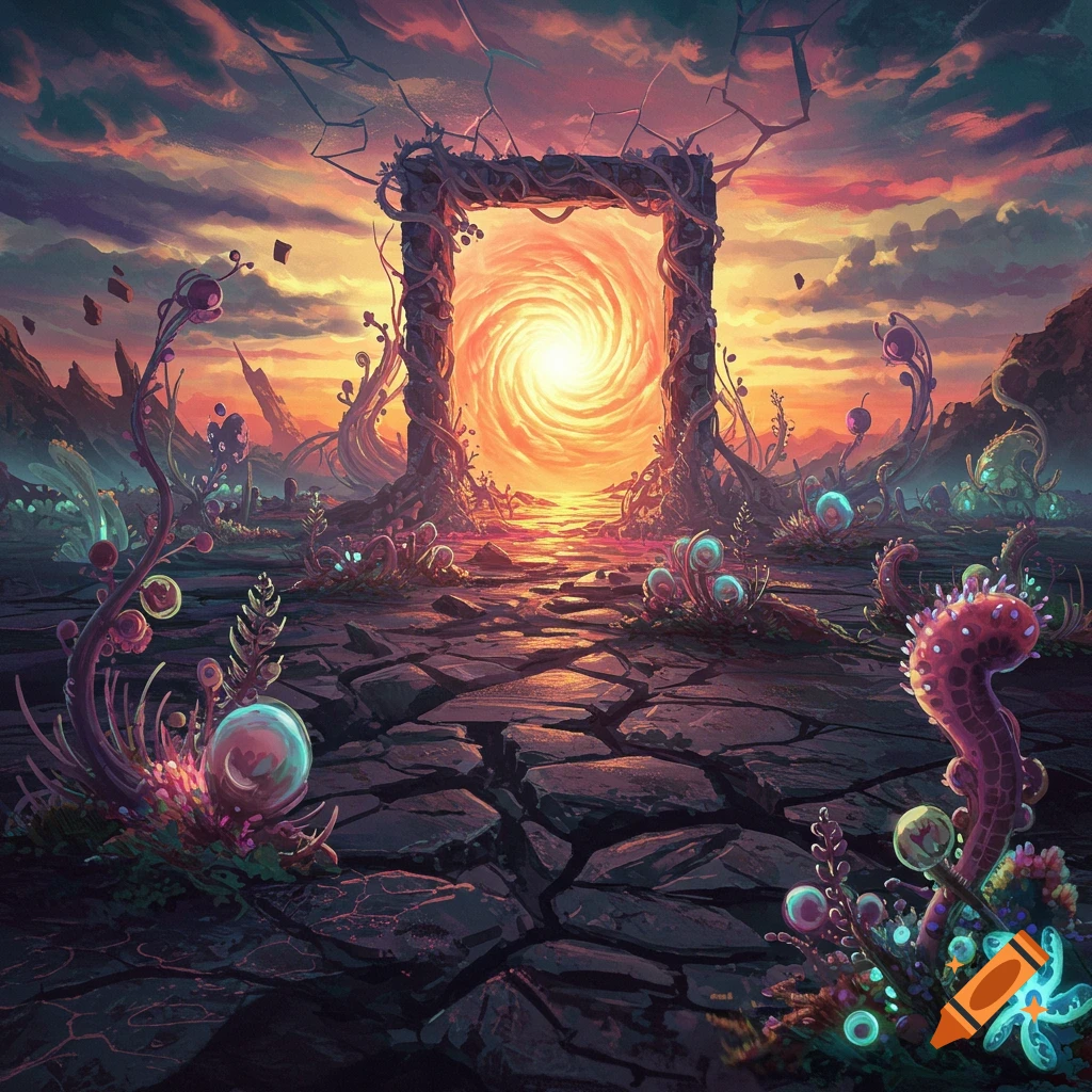 A cracked landscape leads to a glowing orange portal, surrounded by bizarre plants under a dramatic sky.