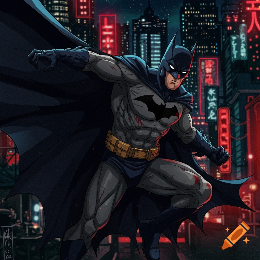 Batman in a dynamic pose against a neon-lit city skyline, in an anime style.