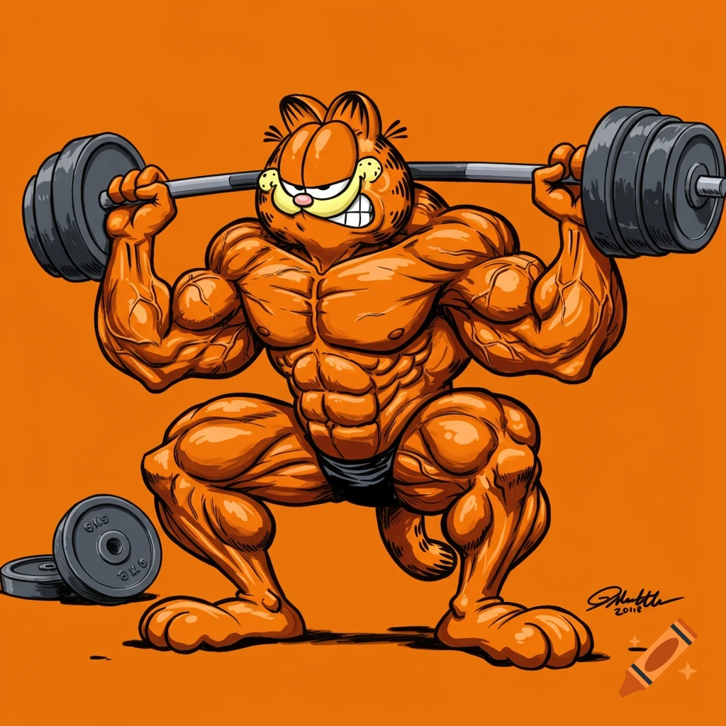 Cartoon of muscular Garfield the cat back squatting a heavy barbell