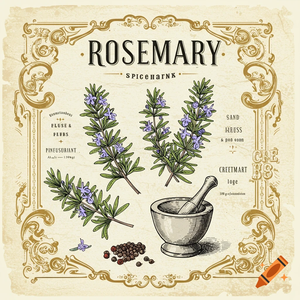 Vintage illustration of a rosemary apothecary label with sprigs, mortar and pestle, and peppercorns.