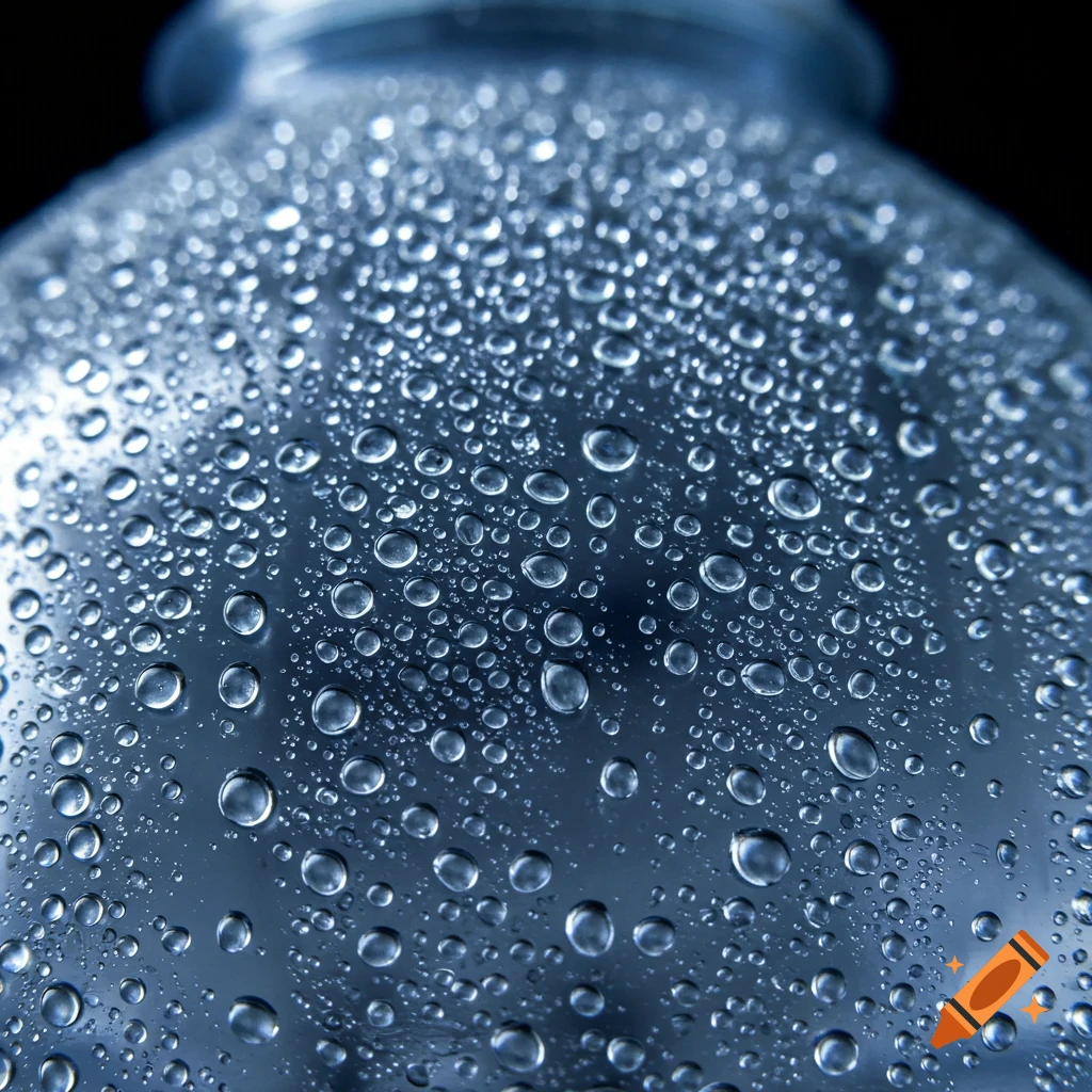 Close-up of water condensation droplets on a clear bottle