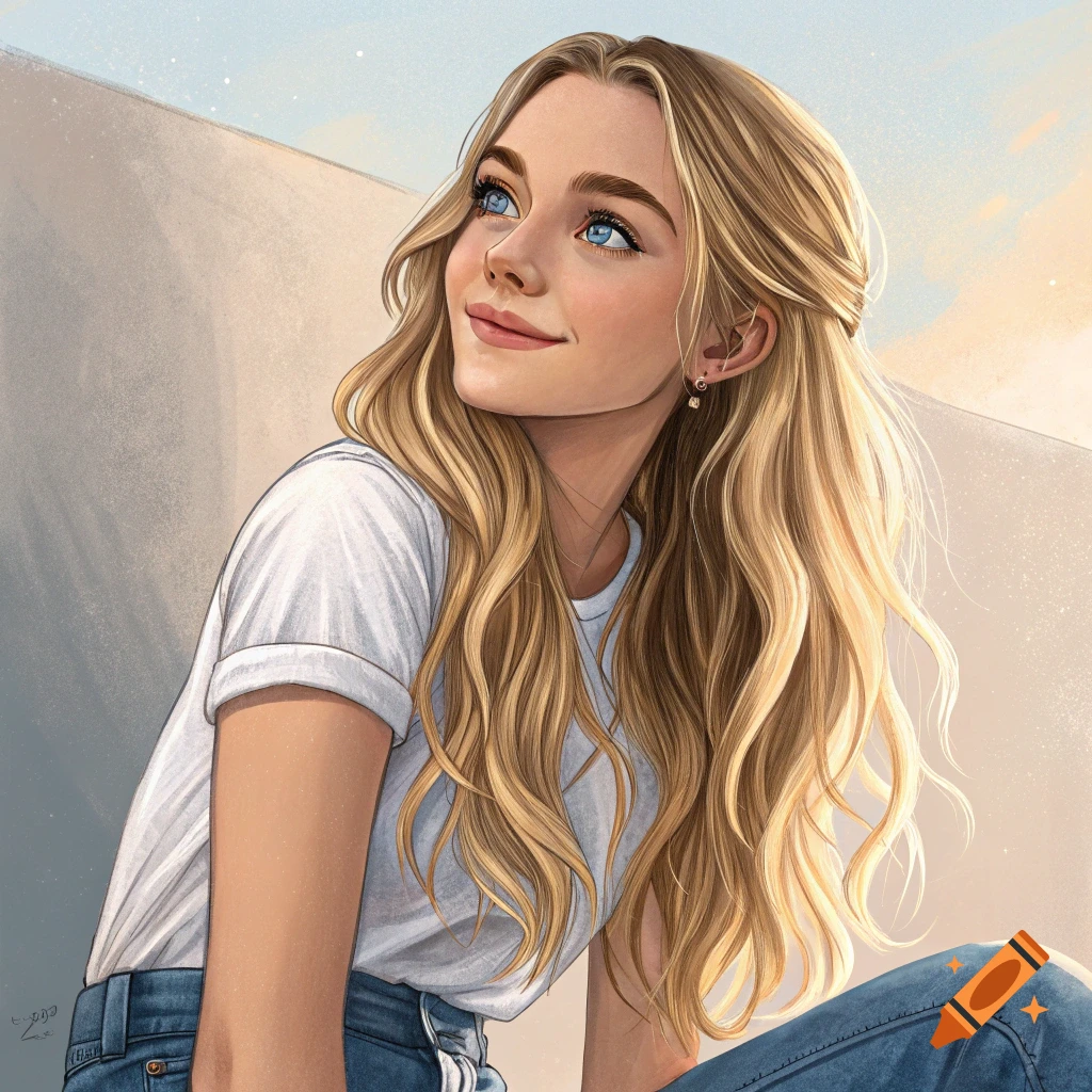Illustration of a young woman with long blonde hair and blue eyes looking up, wearing a white t-shirt.