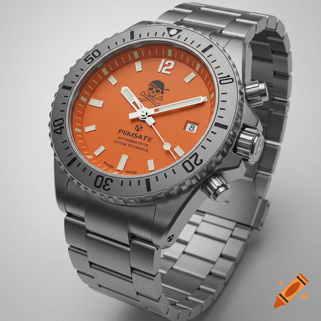 Photorealistic close-up of a stainless steel dive watch with an orange dial and a pirate skull logo.
