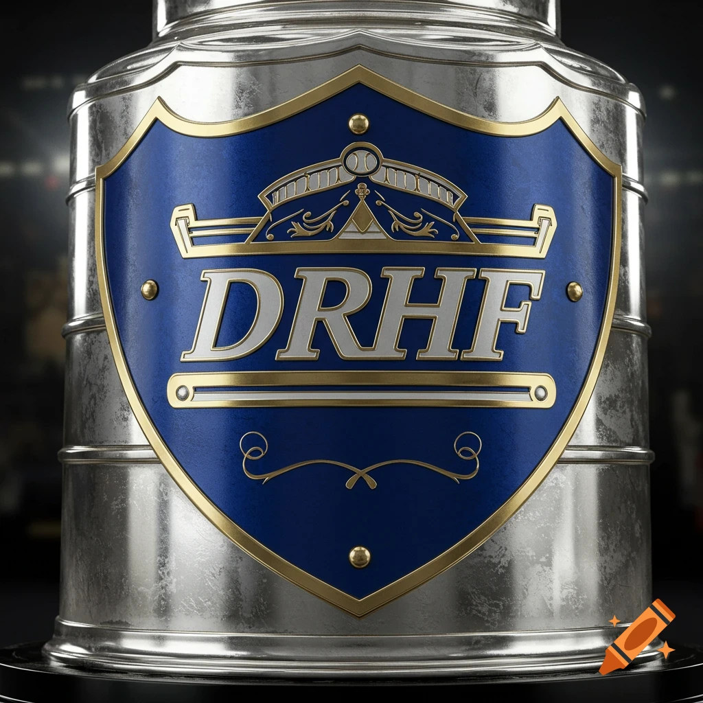 Close-up of a detailed metal trophy shield with blue and gold trim, featuring the letters DRHF