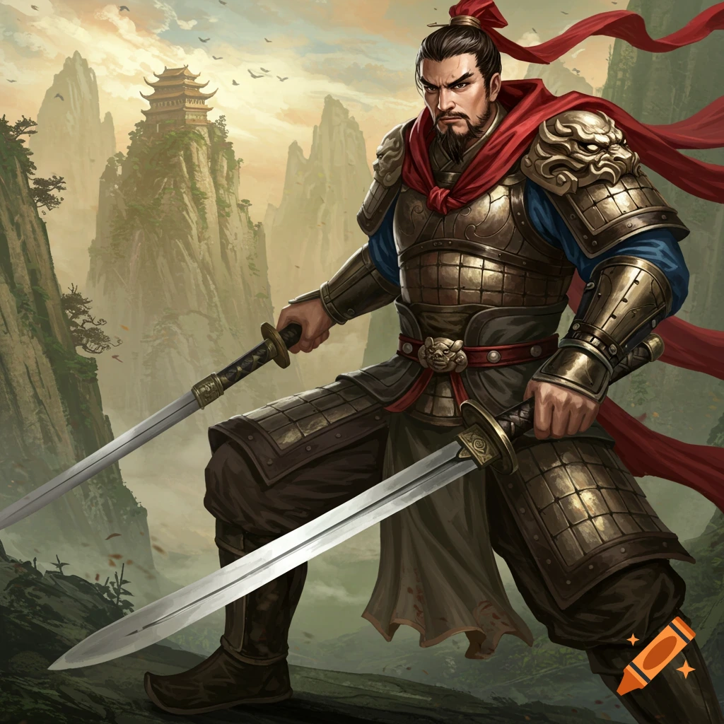 A Chinese warrior with two swords stands in a mountain landscape featuring a temple.