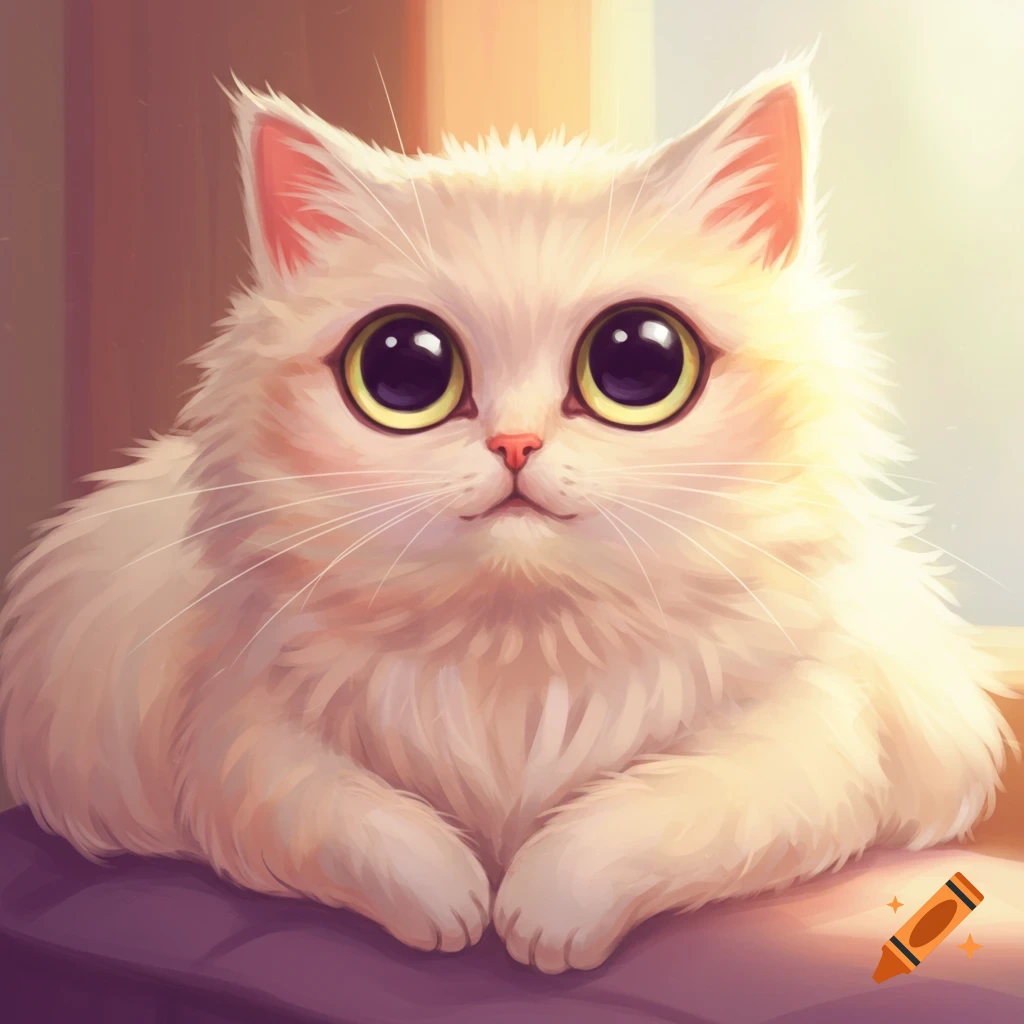 A cute fluffy white cat with large yellow eyes.