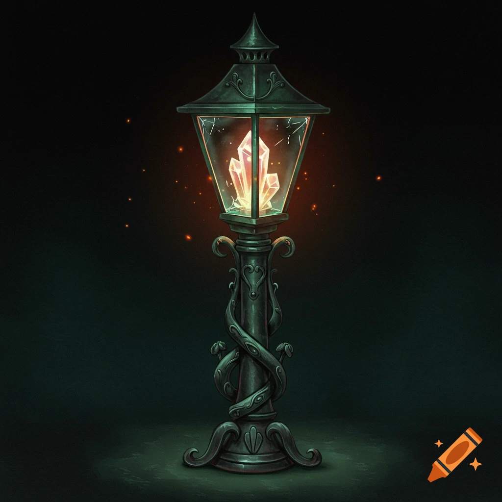 An ornate fantasy lamp post with vines wrapped around it, holding a glowing crystal.