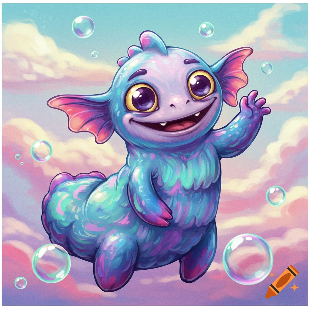 A cute blue and purple fantasy creature floats in a sky with pink clouds and bubbles