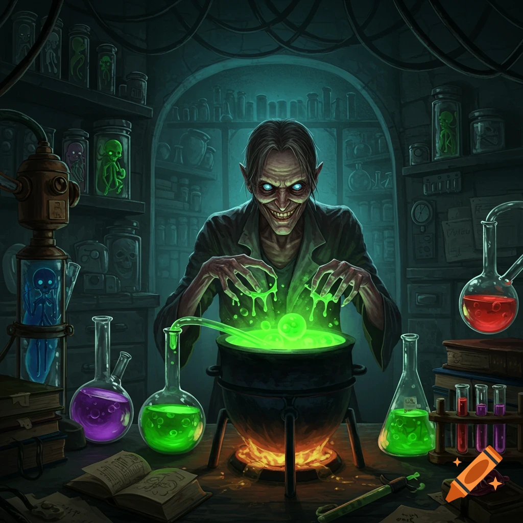 A creepy scientist mixing a bubbling green concoction in a dark laboratory filled with strange jars.
