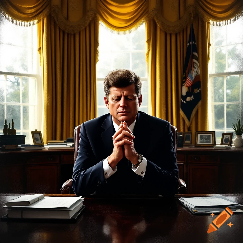 President John F. Kennedy praying in the Oval Office.