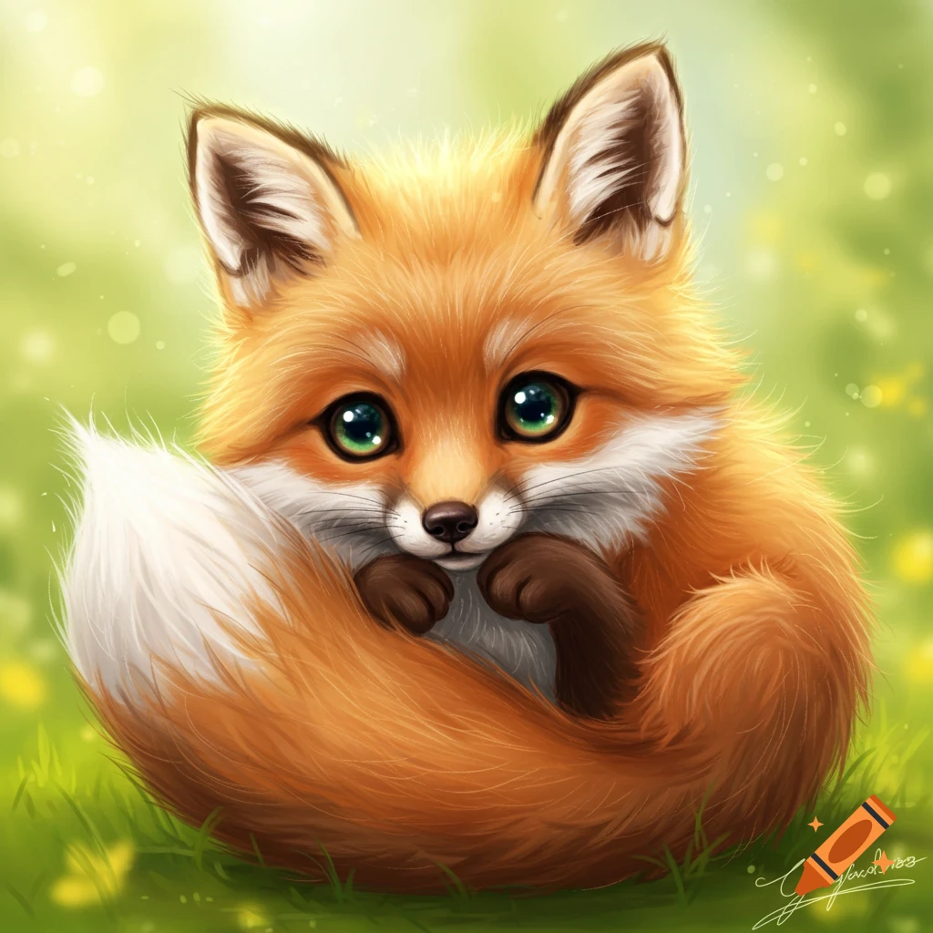Cute image of a fluffy fox with big eyes sitting in grass.