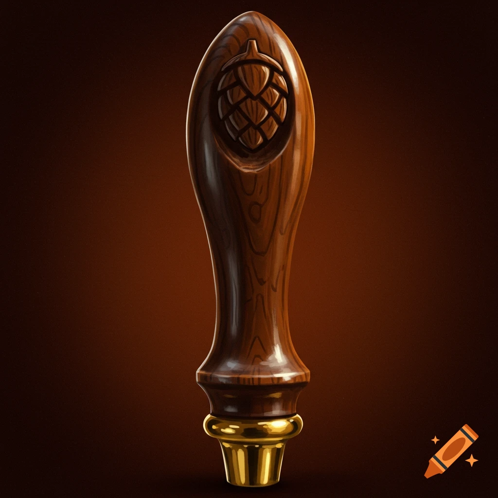 A wooden beer tap handle with a hop cone carving and brass base