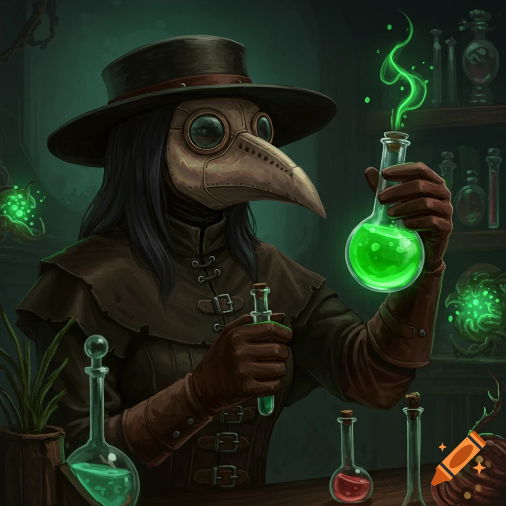 A plague doctor in a lab examining a glowing green potion.
