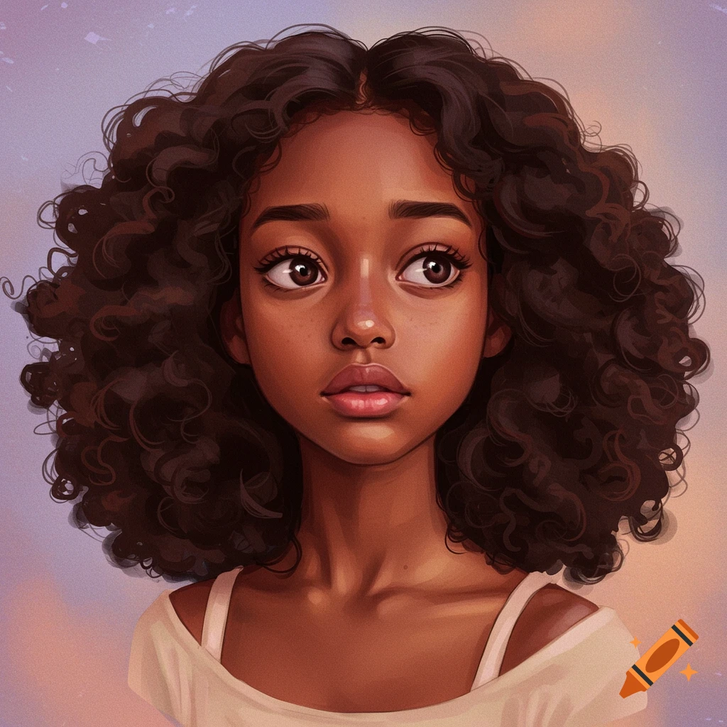 a young girl with curly dark hair and warm skin against a soft pastel background