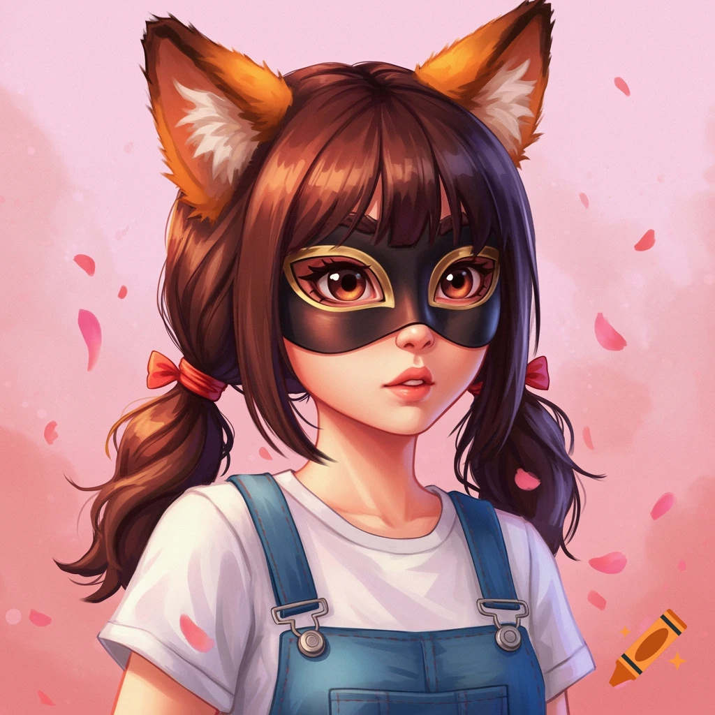 A girl with fox ears and a mask wearing overalls against a pink background.