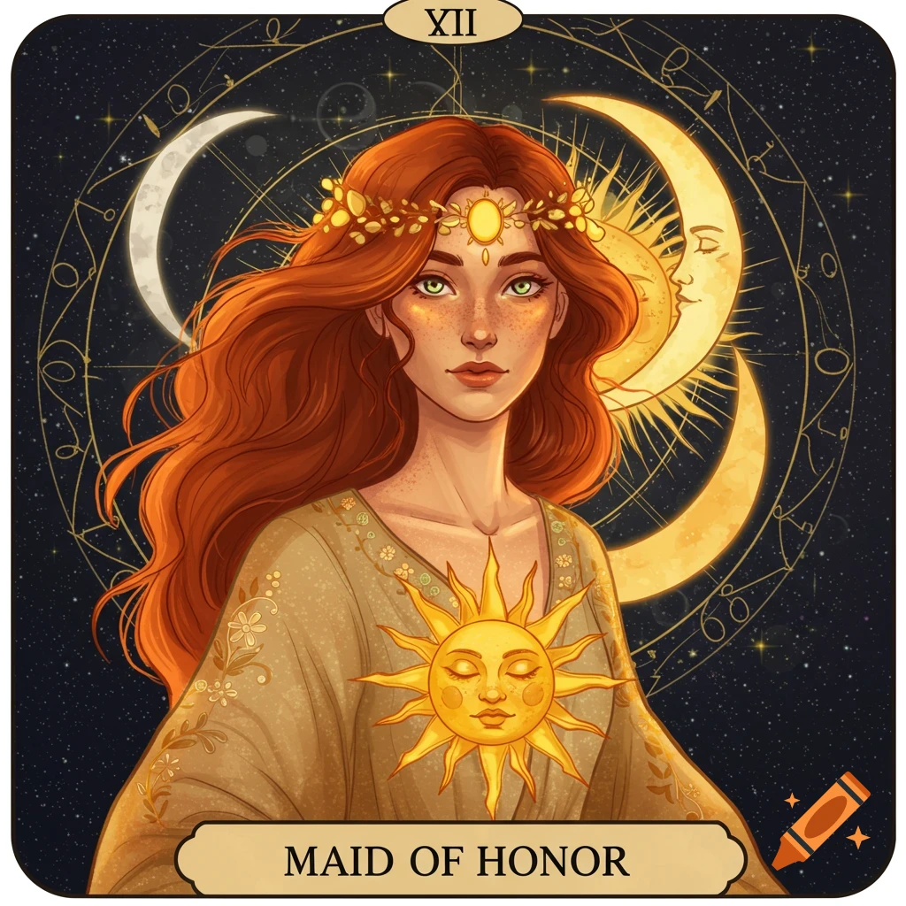 A tarot card with a woman, sun, moon, stars, and the text "XII" and "MAID OF HONOR".