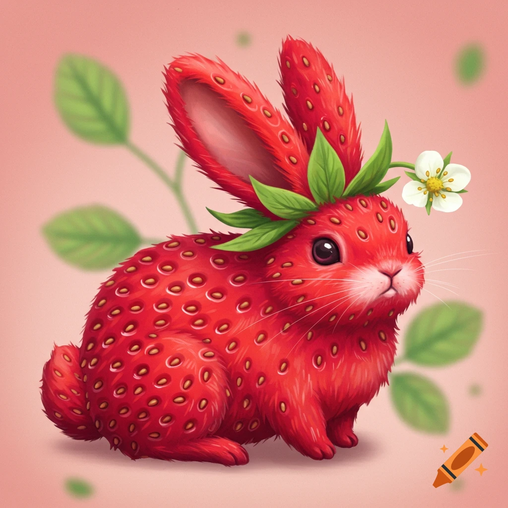 A cute rabbit made of a strawberry sits on a pink background with leaves.