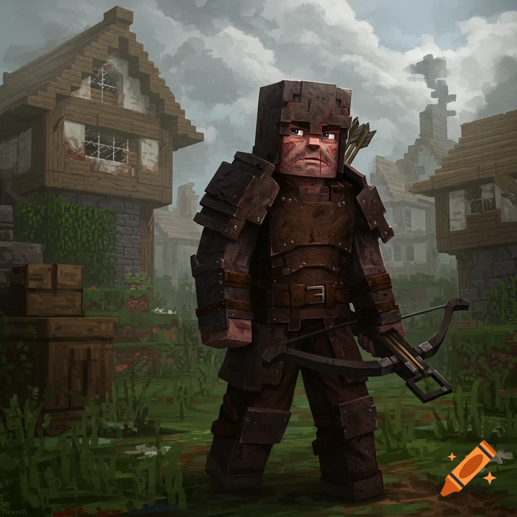 A Minecraft character in armor holds a crossbow in a village.