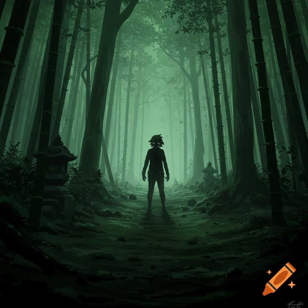 Silhouetted figure stands on a path in a dark, misty green forest with tall trees and stone lanterns, digital art.