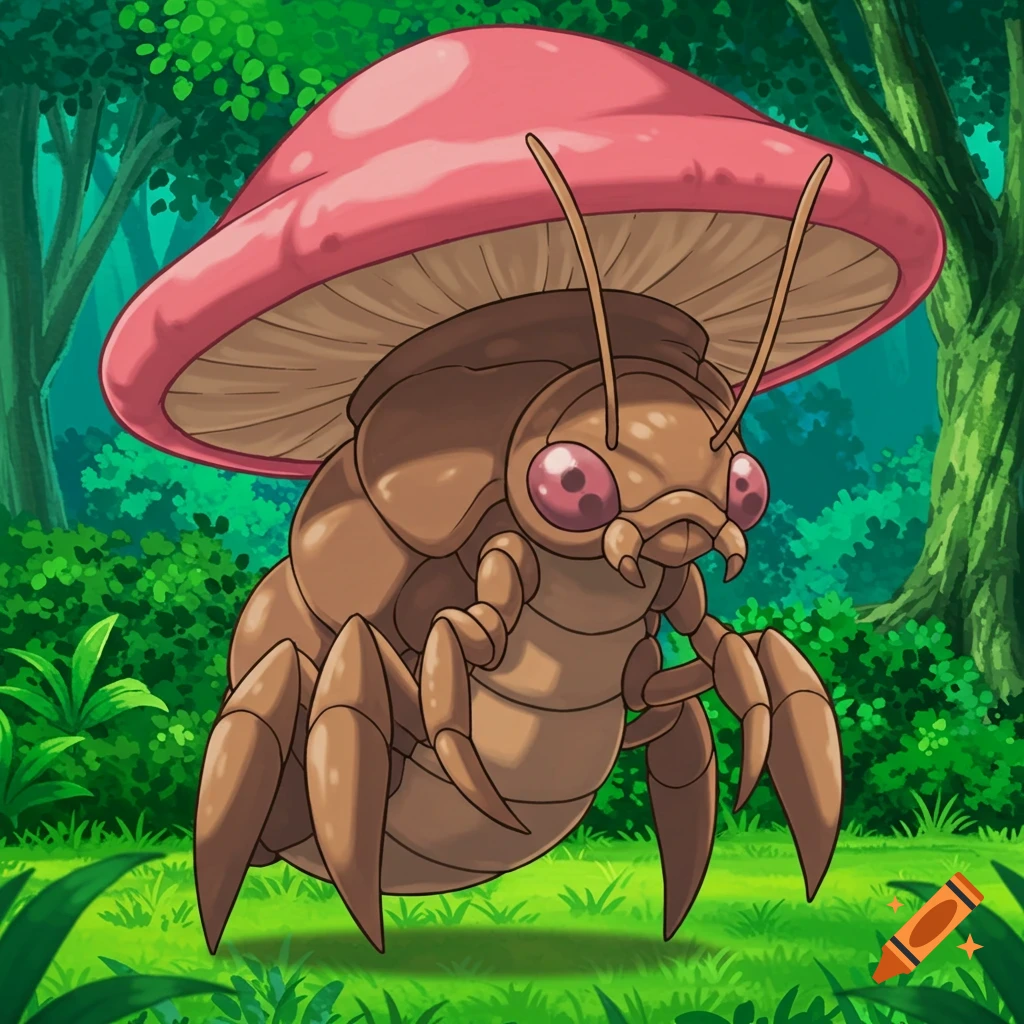 A bug-like creature with a pink mushroom cap on its back stands in a forest.
