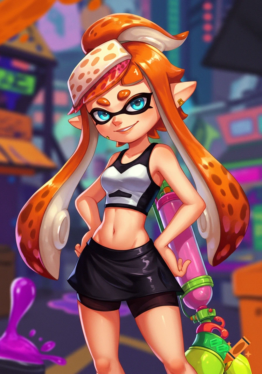 Stylized illustration of an Inkling girl from Splatoon with orange hair, wearing a crop top and skirt, holding a Splattershot weapon.