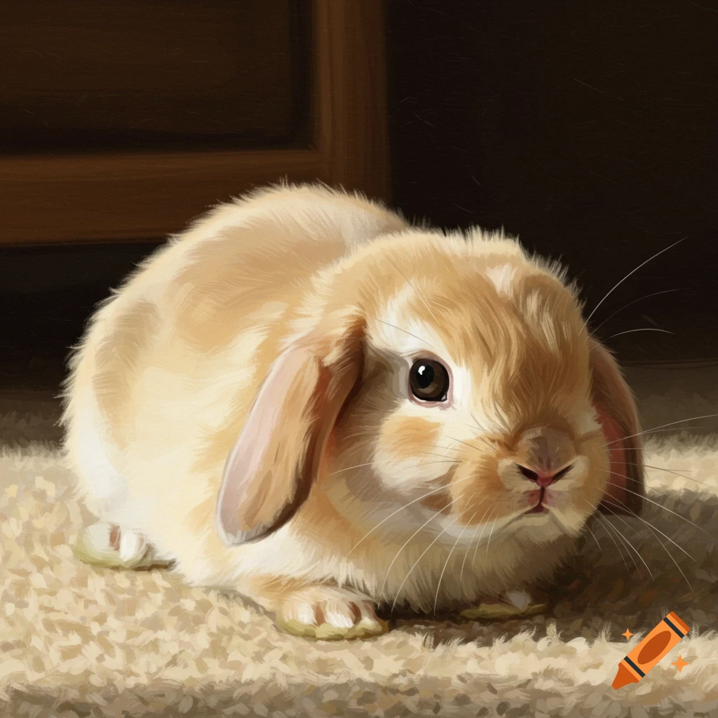 A beige mini lop bunny is sitting on a carpet.