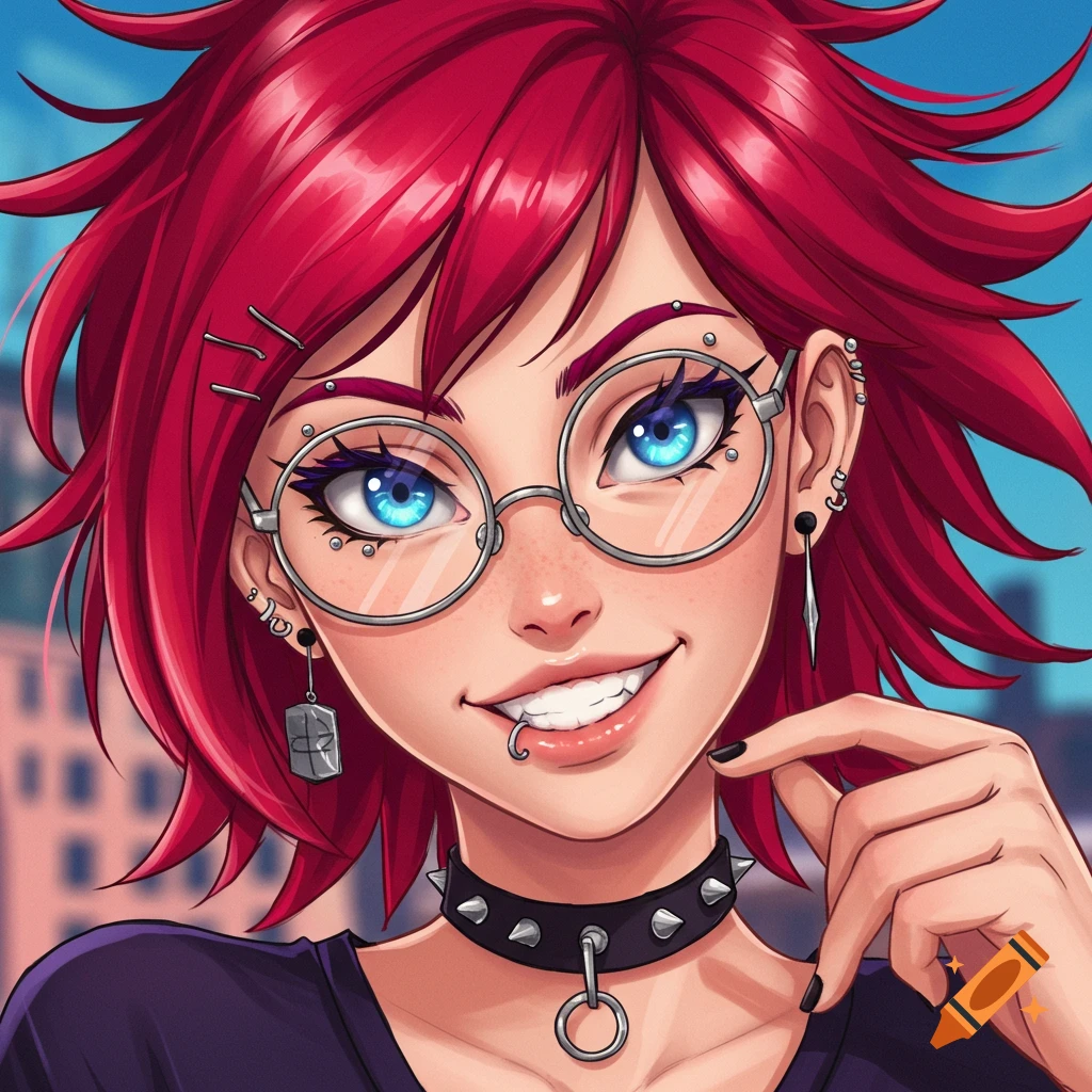 Anime portrait of a girl with red hair, blue eyes, glasses, and facial piercings, smiling.