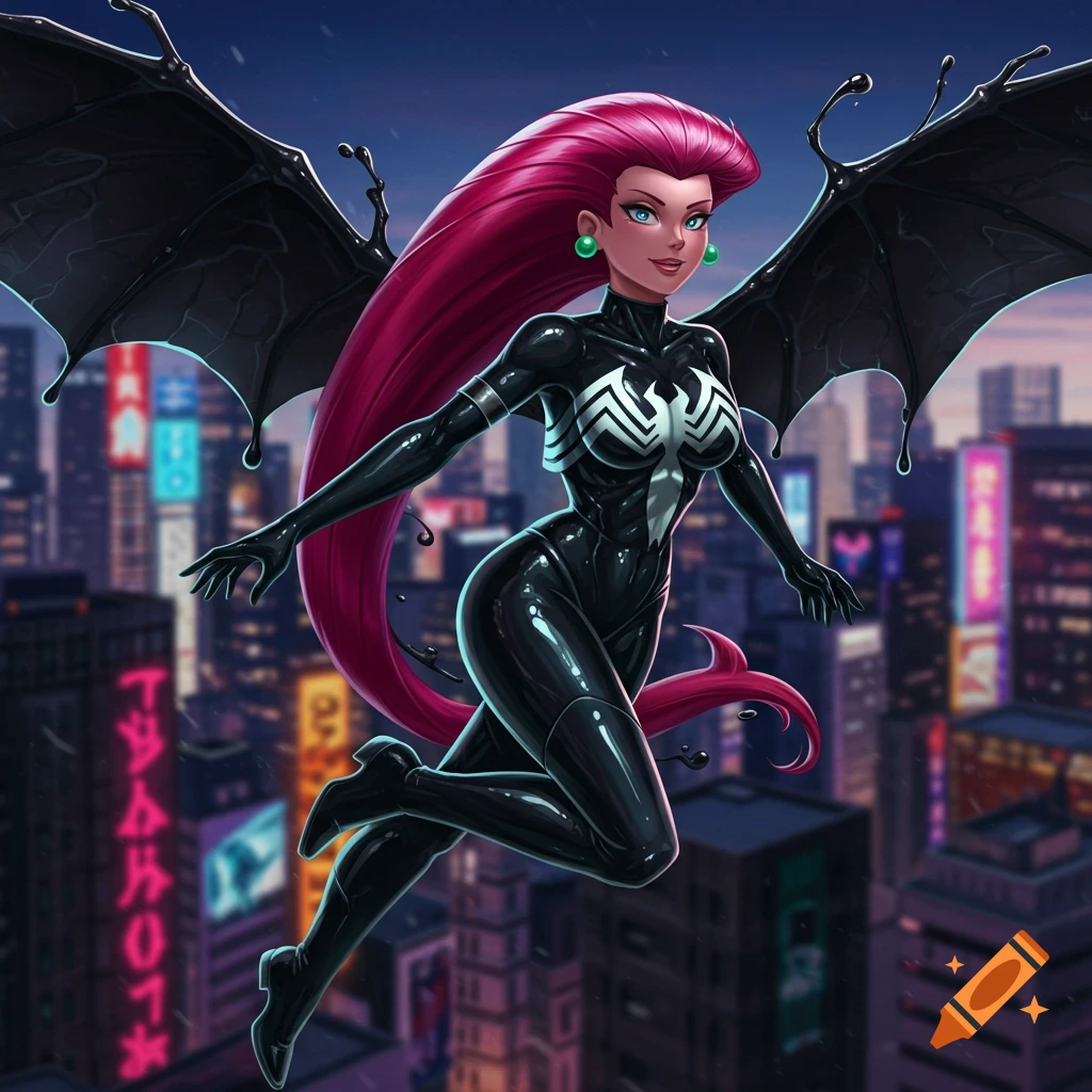 Anime style depiction of Jessie from Team Rocket wearing a Venom symbiote suit and wings, flying over a city at night.