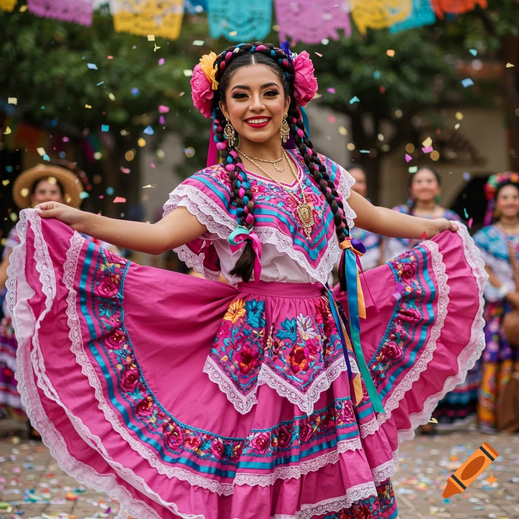 Young woman in vibrant traditional Mexican dress dancing at a festival with confetti