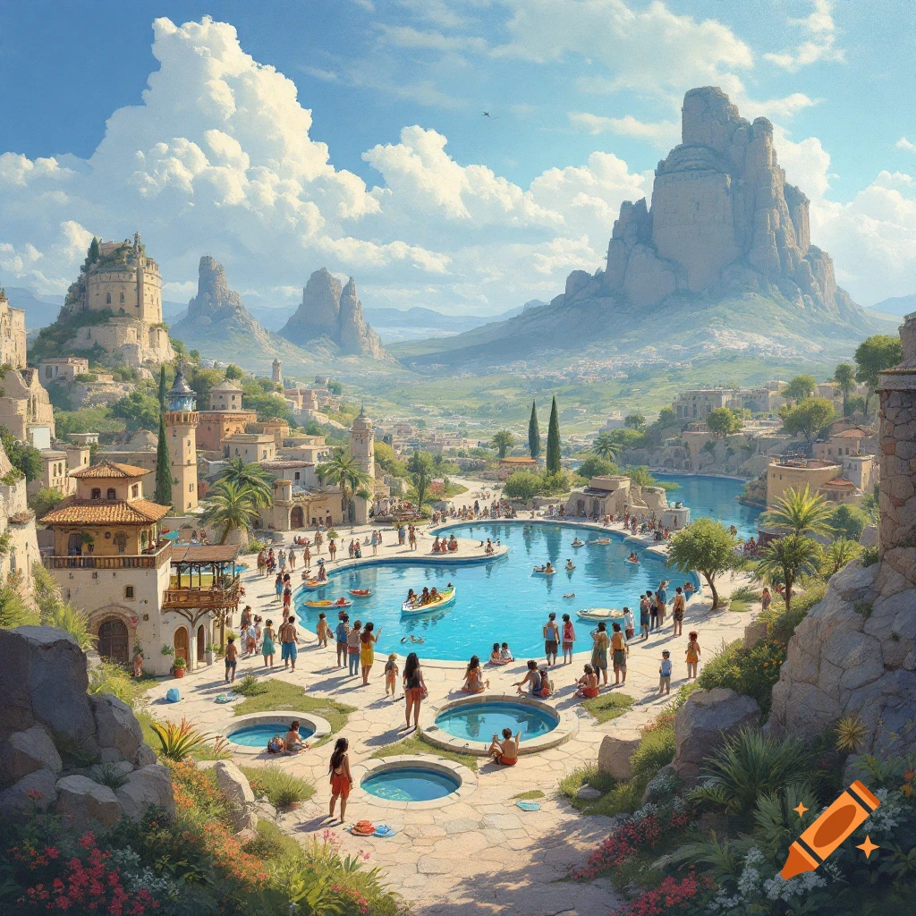 A vibrant town with a large swimming pool full of people, surrounded by mountains.