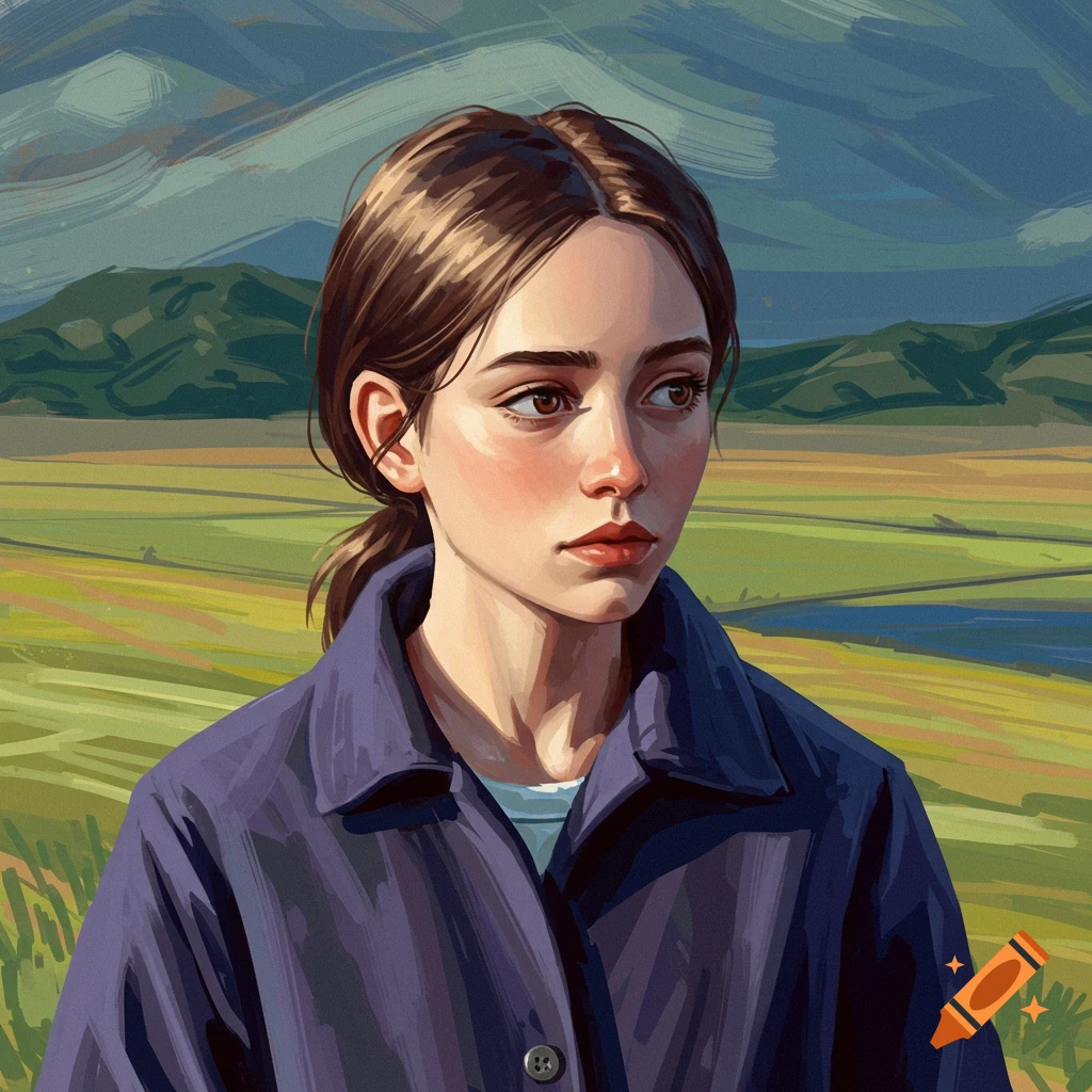 A young woman in a blue jacket is looking away in a field with mountains.