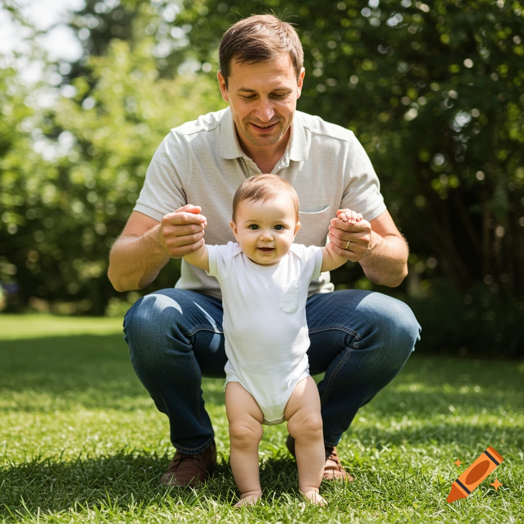 Candid photo of a father helping his baby take first steps outdoors.