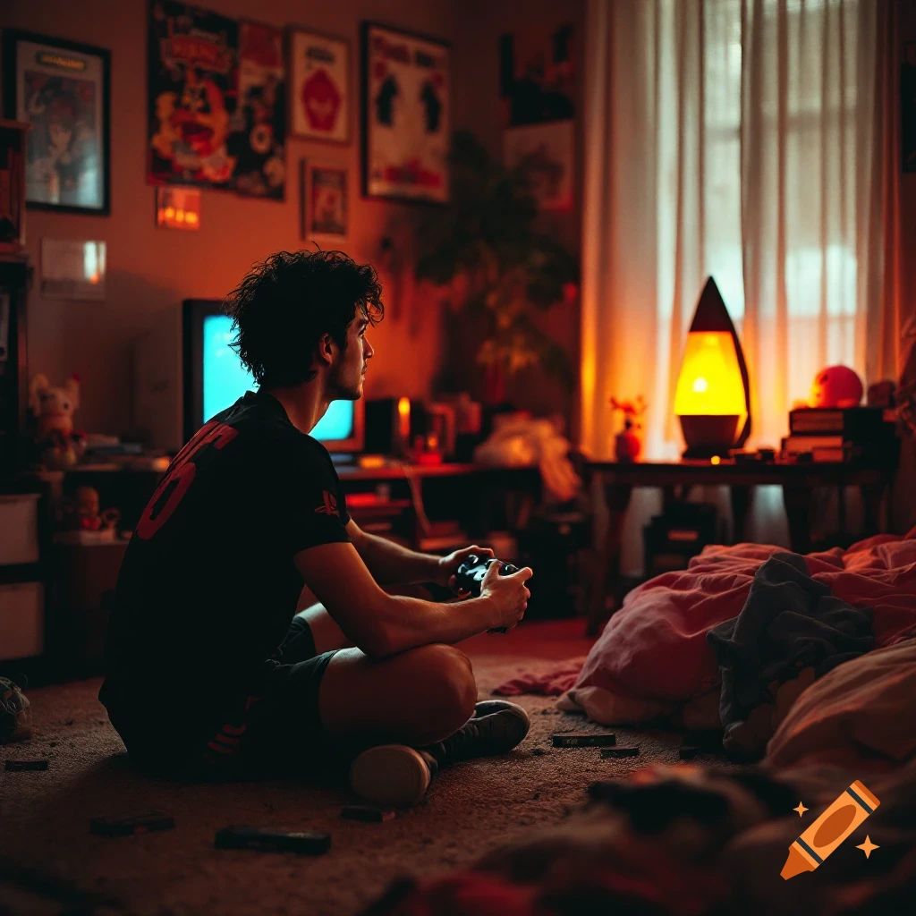 A person plays a video game in a cozy, retro 90s bedroom.