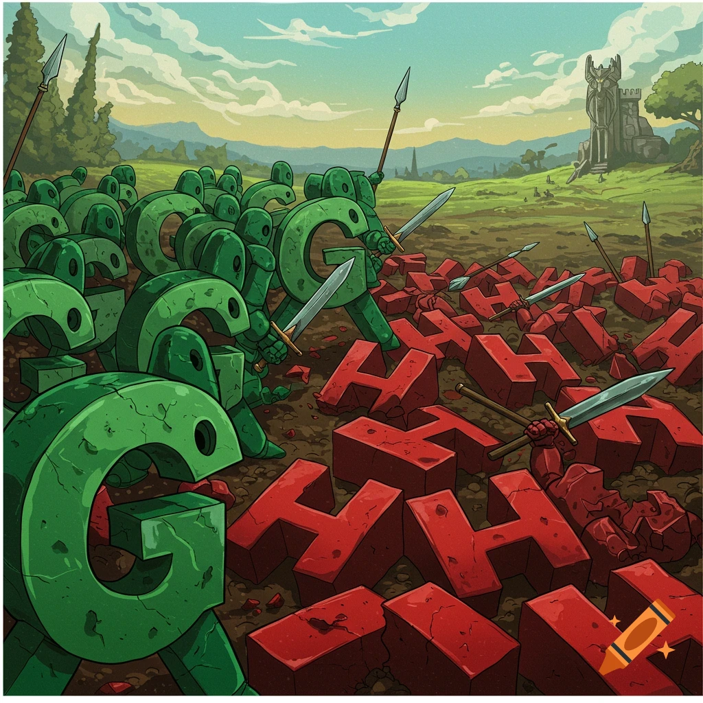 Letter G soldiers in green are battling letter H soldiers in red.