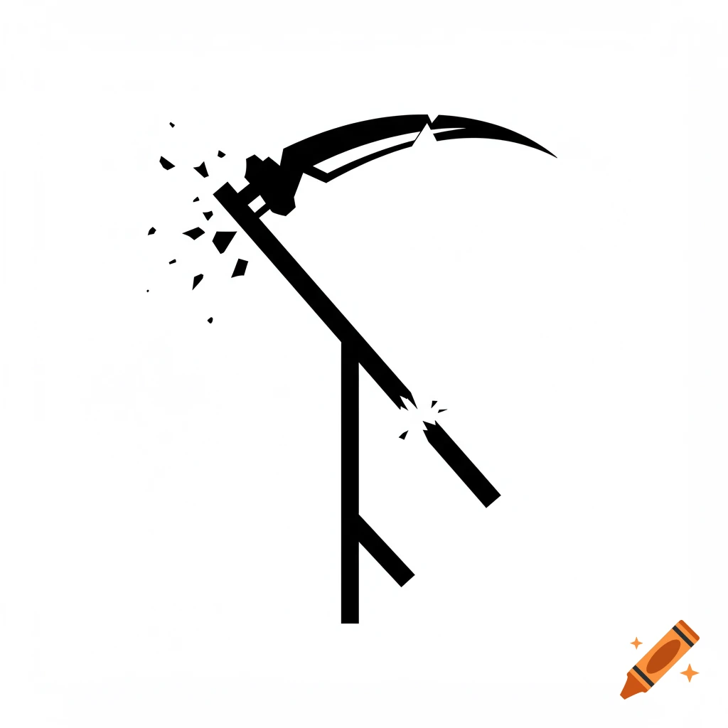 Black and white logo of a scythe breaking in half.