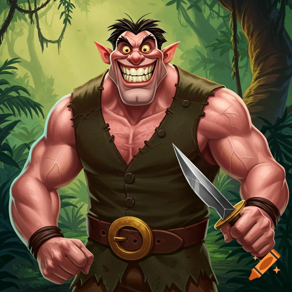 A cartoon fantasy creature with pointy ears and a wide smile holds a knife in a jungle.