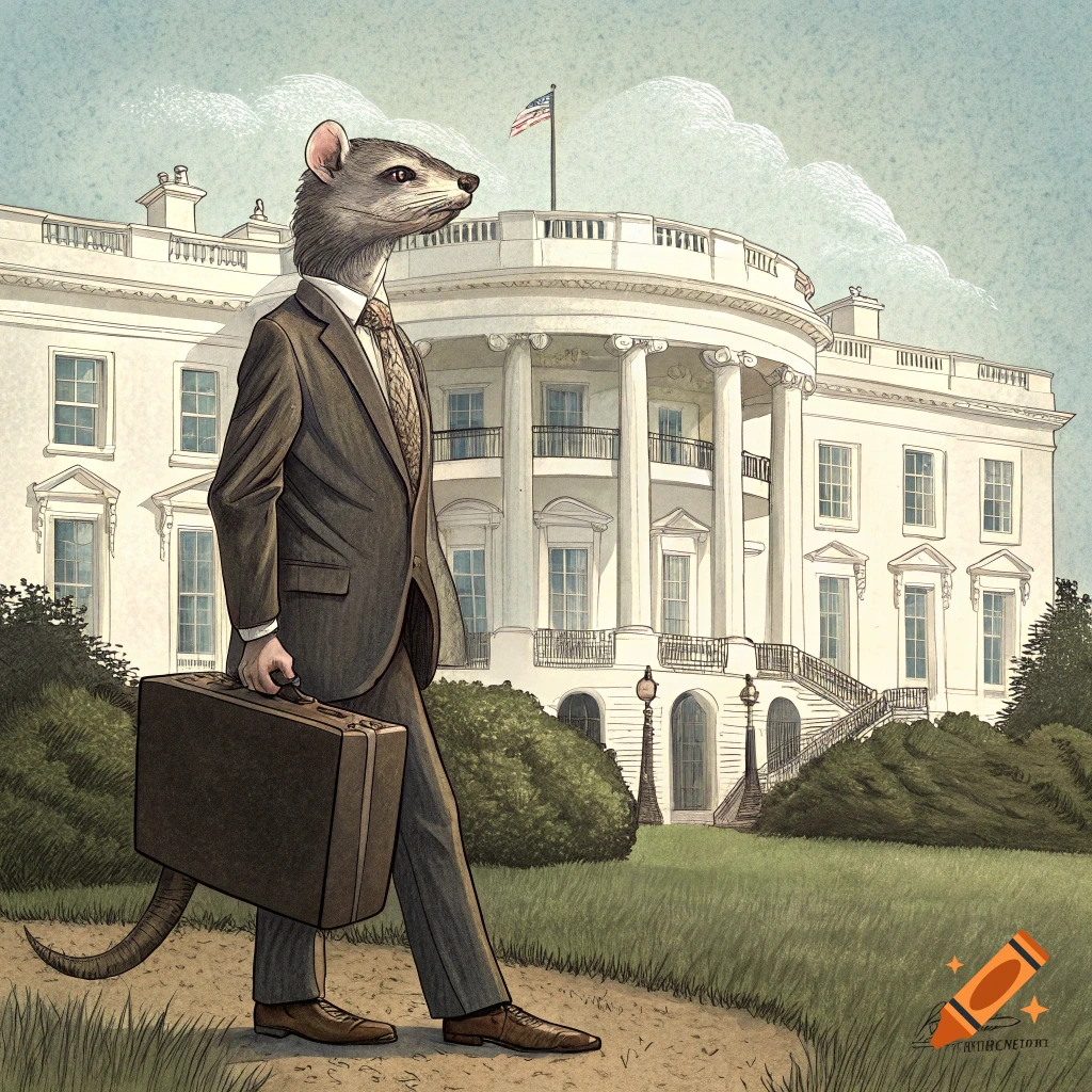 An anthropomorphic rat in a suit walks across a lawn towards the White House in an illustrated style.