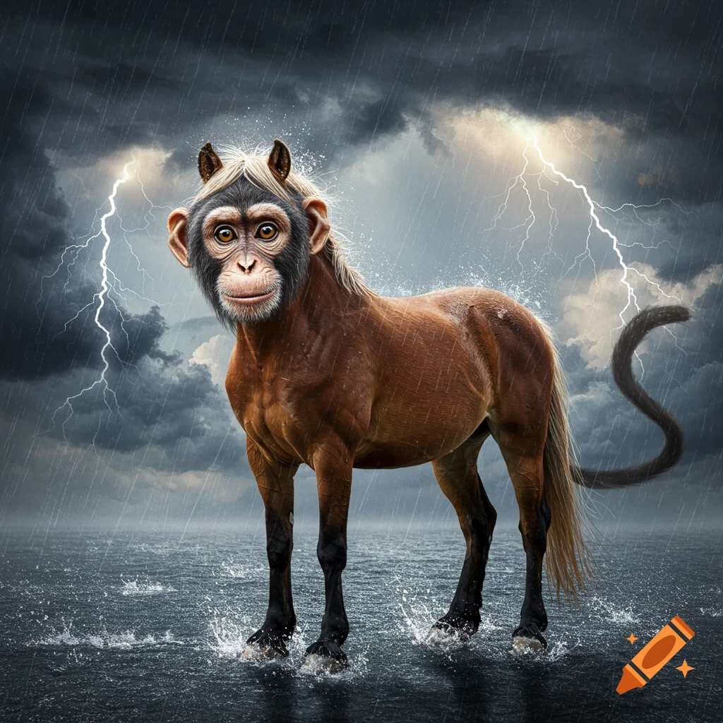 A horse with a monkey head and tail standing in stormy water with lightning.