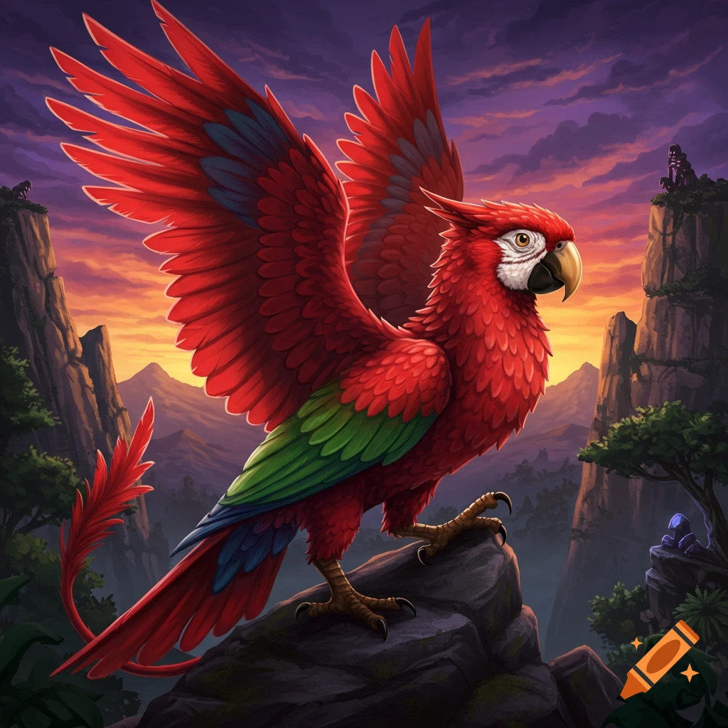 A red parrot griffin perches on a rock overlooking a mountainous landscape at sunset.