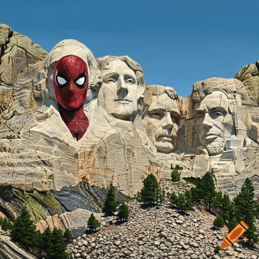 Spiderman's head carved into the rock face of Mount Rushmore alongside three other figures.