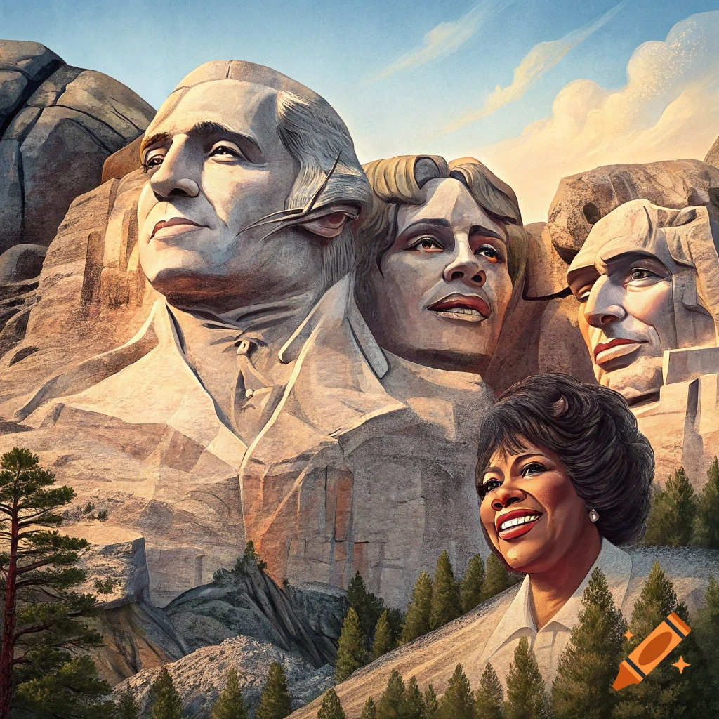 Painting of James Brown, Aretha Franklin, Ray Charles, and Patty La Belle carved into a mountain like Mount Rushmore.
