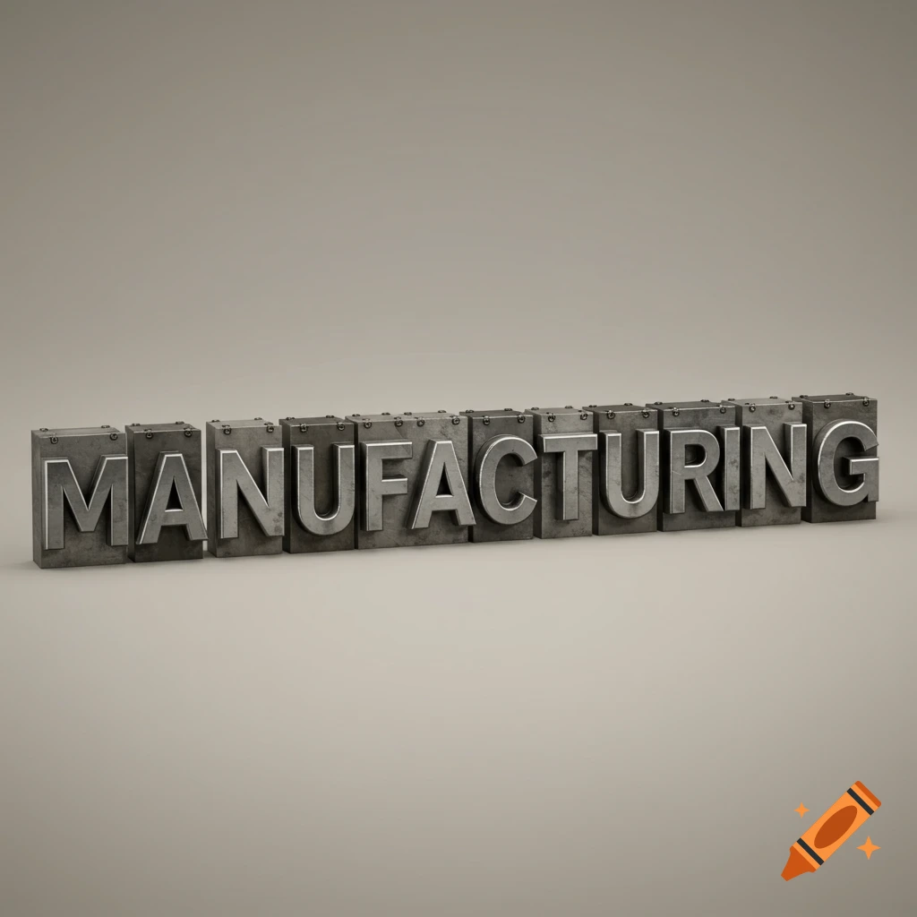 Metal letters spelling MANUFACTURING on a grey background.