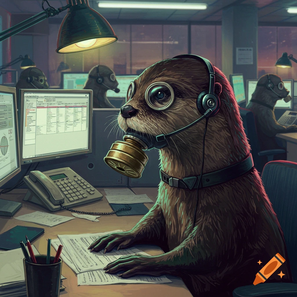 An otter wearing a gas mask and headset, working at a computer in a busy call center.