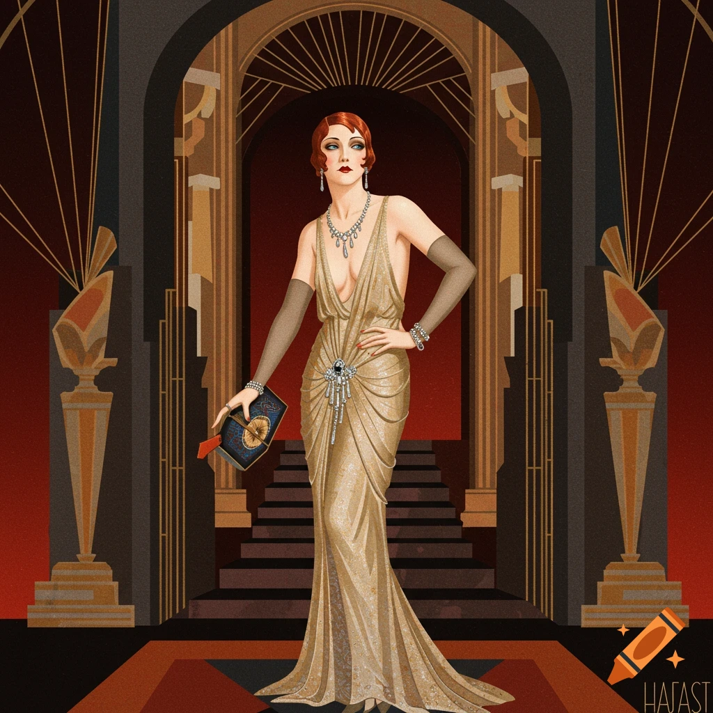 Art Deco portrait of a woman in a shimmering gold dress in an ornate setting
