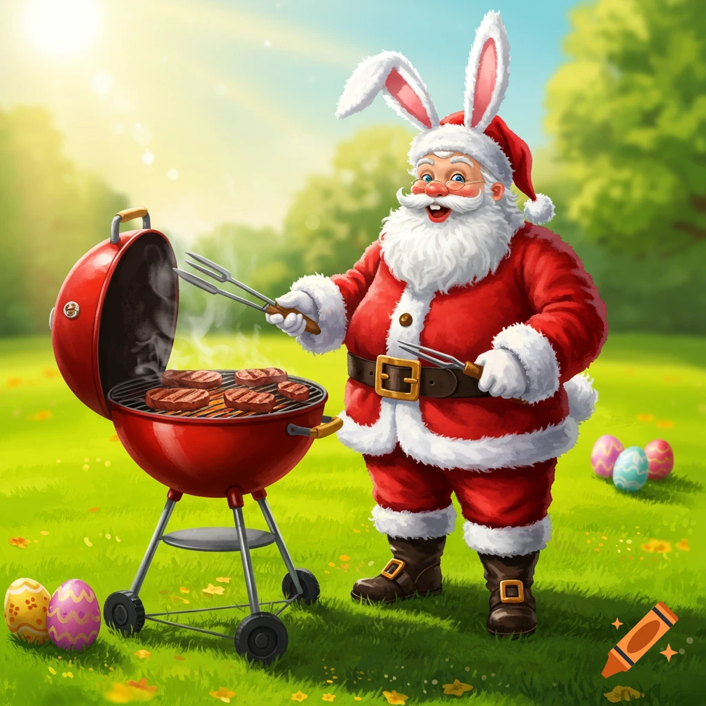 Santa Claus wearing bunny ears grilling burgers in a sunny field with Easter eggs.