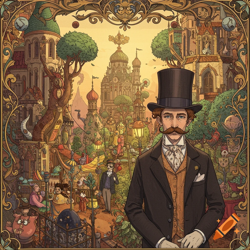 Illustration of a dandy in a top hat and mustache standing before a complex, whimsical fantasy city.