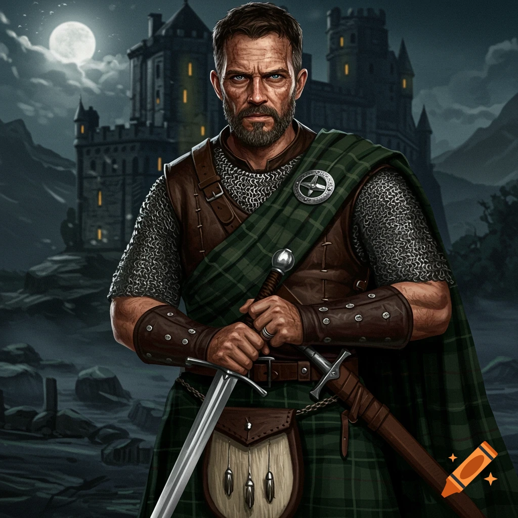 A Scottish warrior in a kilt and chainmail, holding a sword before a castle at night.